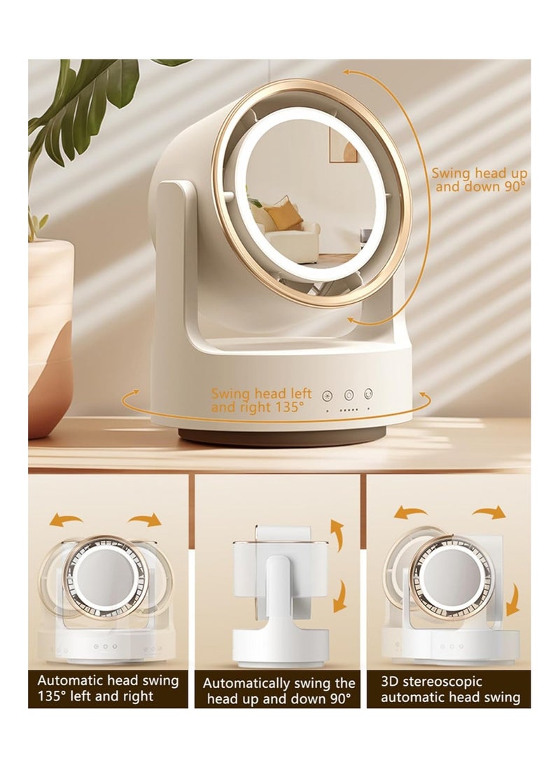 SYOSI Bladeless Fan with Light, Small Oscillating Fan, Desk Mini Fan, Mirrow for Make Up, Strong Airflow Travel Rechargeable Fan, 5 Speeds 135° Horizon/ 90° Pitch Adjustable Quiet Fan for Bedroom (White)  - Image 2
