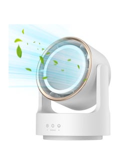 Bladeless Fan with Light, Small Oscillating Fan, Desk Mini Fan, Mirrow for Make Up, Strong Airflow Travel Rechargeable Fan, 5 Speeds 135° Horizon/ 90° Pitch Adjustable Quiet Fan for Bedroom (White)