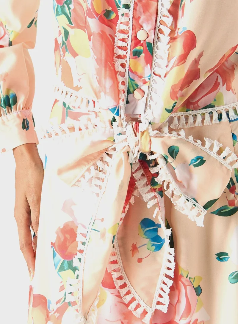 2Xtremz Button Down Floral Print Tie Detail Top