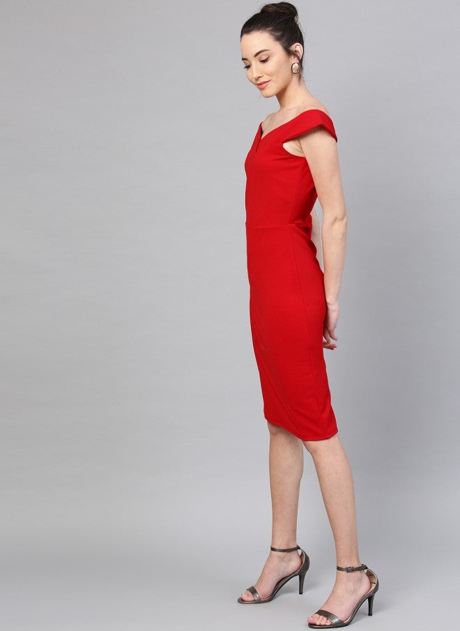 Athena Red Off-Shoulder Sheath Dress for Women - Image 4