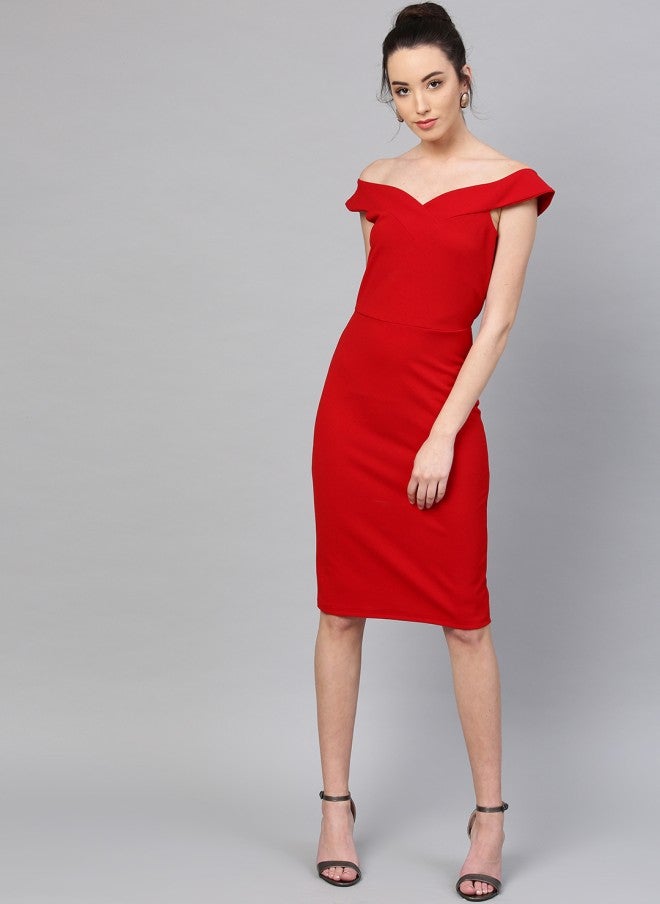 Athena Red Off-Shoulder Sheath Dress for Women - Image 3