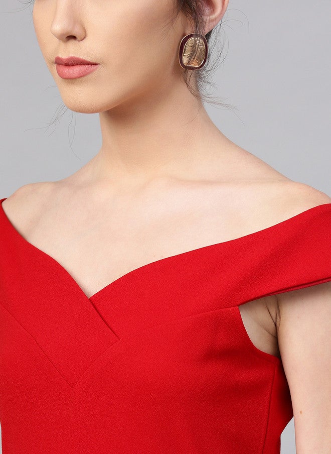 Athena Red Off-Shoulder Sheath Dress for Women - Image 2