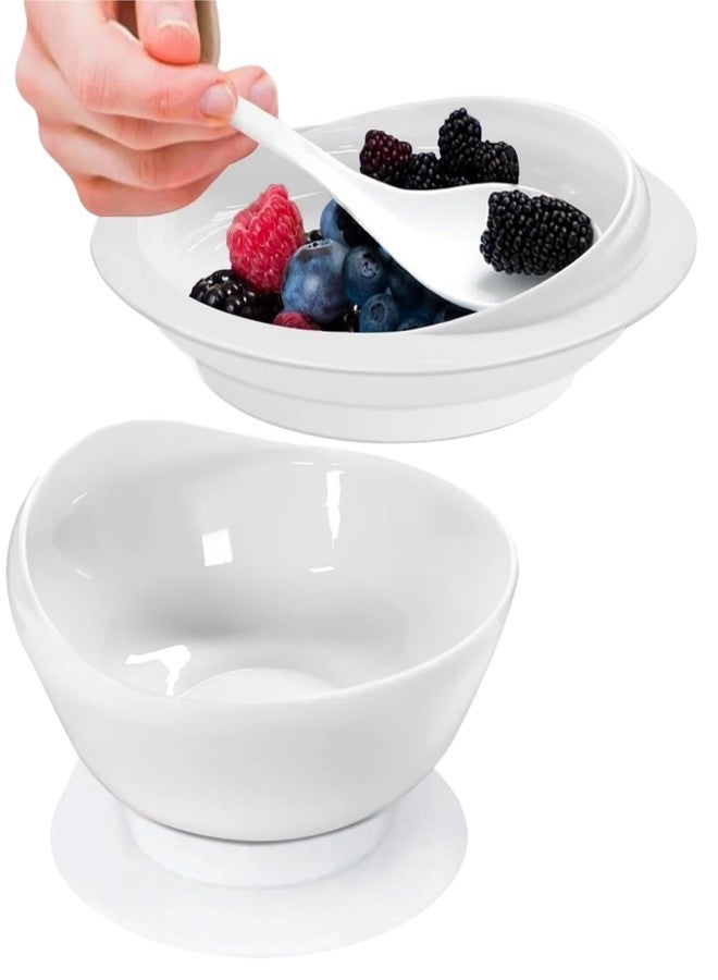 DURASIKO Non-Skid Suction Base Plates & Bowls Set, Adaptive Spill Proof Scoop Dinnerware for Elderly, Disabled, Parkinson’s, Dementia - Self-Feeding Aid,White (Bowl+Plate) - Image 1