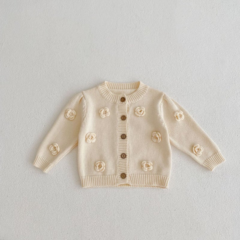 2025 Autumn Infants and Toddlers 0-3 Years Old Baby Girl Handmade Flower Knitted Cotton Gauze Jacket Round Neck Sweater Cardigan - Image 1