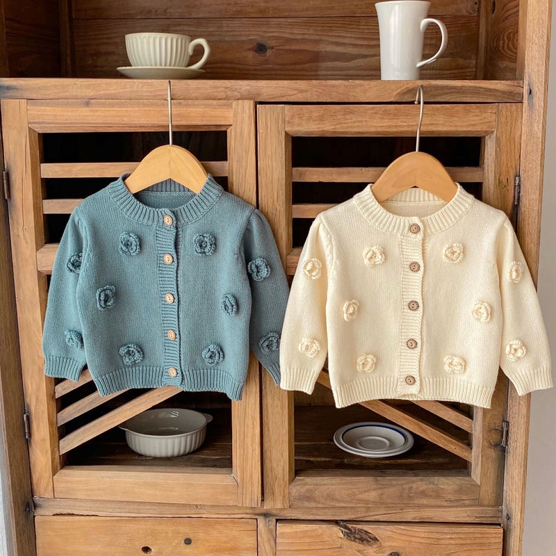 2025 Autumn Infants and Toddlers 0-3 Years Old Baby Girl Handmade Flower Knitted Cotton Gauze Jacket Round Neck Sweater Cardigan - Image 3