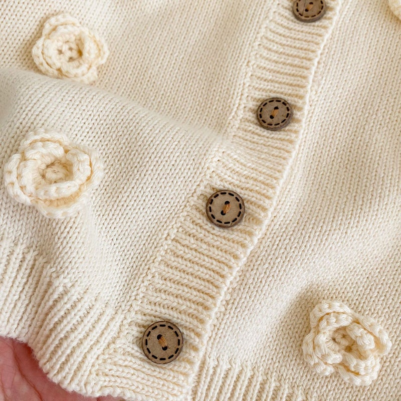 2025 Autumn Infants and Toddlers 0-3 Years Old Baby Girl Handmade Flower Knitted Cotton Gauze Jacket Round Neck Sweater Cardigan - Image 5