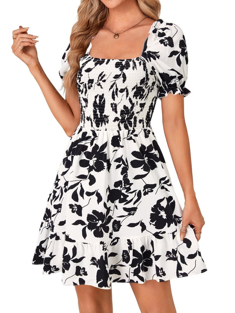 Rooscier Women's Summer Boho Square Neck Floral Print Smocked Ruffle Swing Beach Mini Dress Black Floral Medium - Image 3