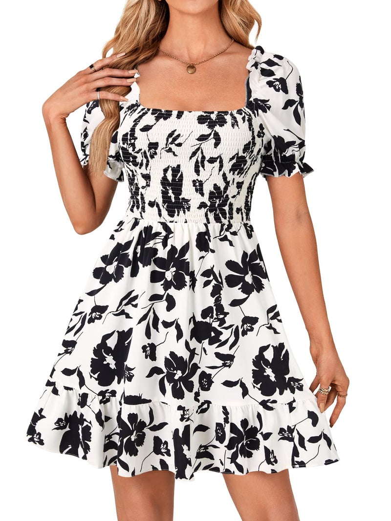 Rooscier Women's Summer Boho Square Neck Floral Print Smocked Ruffle Swing Beach Mini Dress Black Floral Medium - Image 2