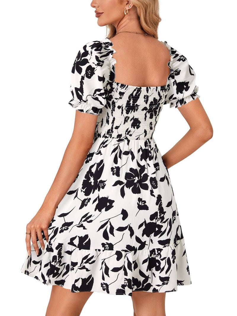 Rooscier Women's Summer Boho Square Neck Floral Print Smocked Ruffle Swing Beach Mini Dress Black Floral Medium - Image 5