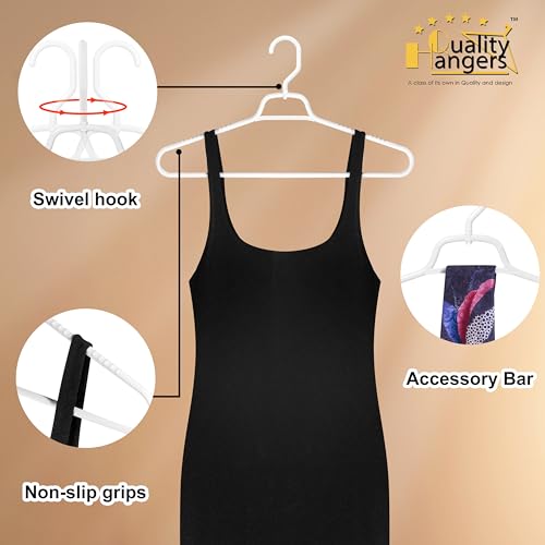 Quality Hangers Heavy Duty White Plastic Hangers 40-Pack with Swivel Hook | 7mm Thick Non Slip Coat Hangers with Accessory Bar | Ideal Clothes Hangers Plastic for Everyday Use | 17 Inches (40, White) - Image 2