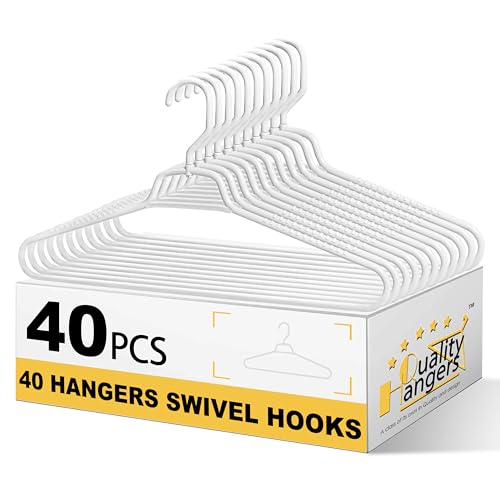 Quality Hangers Heavy Duty White Plastic Hangers 40-Pack with Swivel Hook | 7mm Thick Non Slip Coat Hangers with Accessory Bar | Ideal Clothes Hangers Plastic for Everyday Use | 17 Inches (40, White) - Image 1