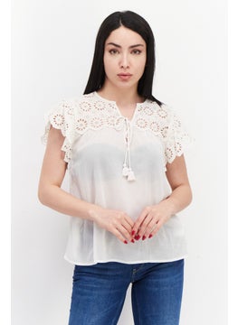Pepe Jeans Women V-Neck Sleeveless Embroidered Blouse, Off White  - Image 1