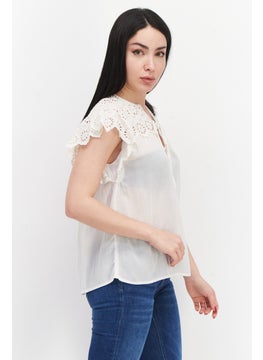 Pepe Jeans Women V-Neck Sleeveless Embroidered Blouse, Off White  - Image 3