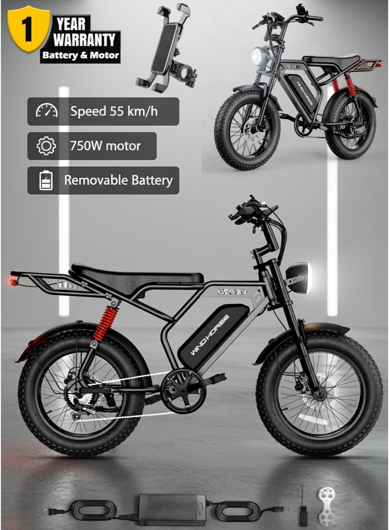 Wind Horse V8 PRO Electric Bike – 750W Gear Hub Motor, 48V 16.6AH Battery, 50KM/H Speed, 45KM Range, 20-Inch Fat Tires, Dual Suspension, Shimano 7-Speed, Carbon Alloy Frame, Dual Disc Brakes - Image 1