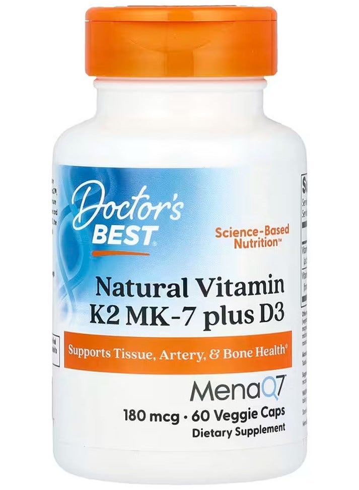 Doctor's Best Natural Vitamin K2 Mk-7 With Menaq7 Plus Vitamin D3, 180 Mcg, 60 Veggie Caps - Image 1