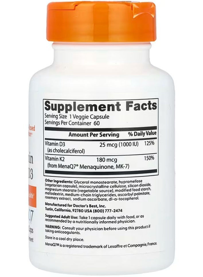 Doctor's Best Natural Vitamin K2 Mk-7 With Menaq7 Plus Vitamin D3, 180 Mcg, 60 Veggie Caps - Image 2