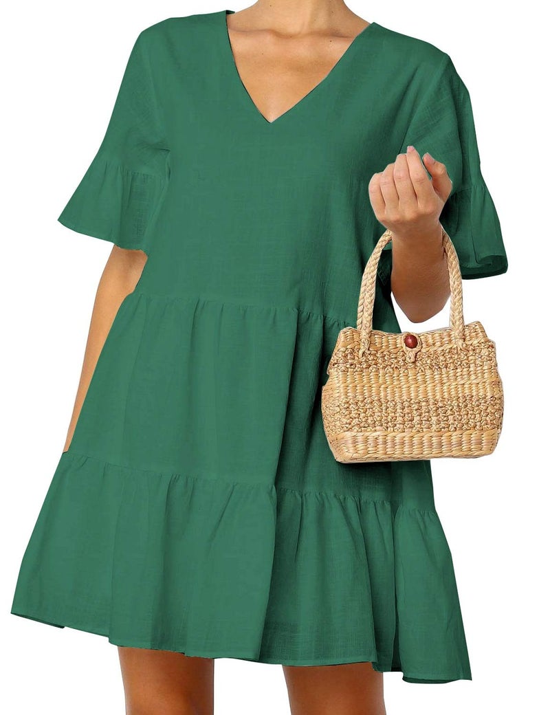 FANCYINN Women Ruffle Mini Short Dress for St Patricks Day with Pockets Bell Sleeve V Neck Beach Swing Tunic Shift Dress Dark Green S - Image 3