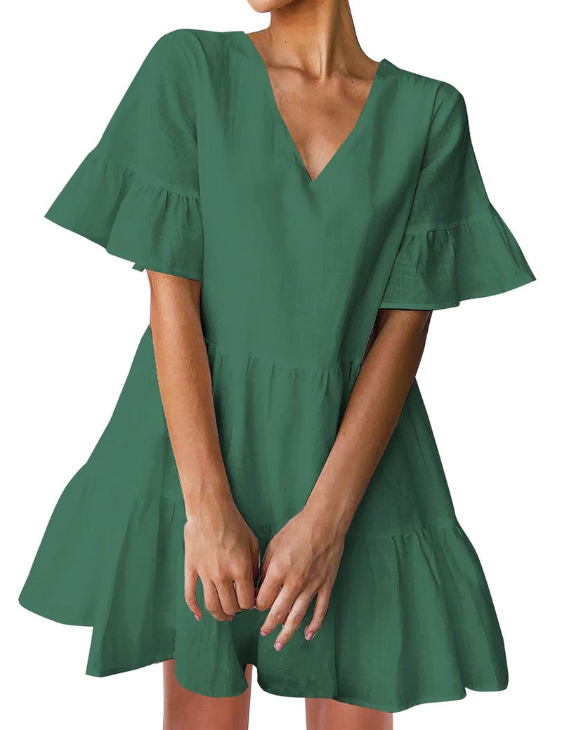 FANCYINN Women Ruffle Mini Short Dress for St Patricks Day with Pockets Bell Sleeve V Neck Beach Swing Tunic Shift Dress Dark Green S - Image 1