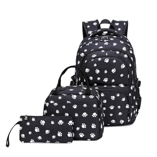 goldwheat 3Pcs Dog Paw Printed Backpack Set With LunchBag For Girls Elementary Students Bookbag Schoolbag - Image 1