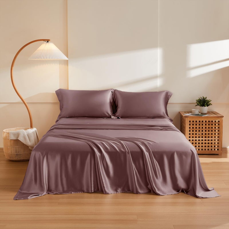 THXSILK Silk Sheet Set 4Pcs 6A Top Grade 100 Natural Mulberry Silk Bed Sheets Luxury Bedding Sets Ultra Soft Durable Cooling 1 Fitted Sheet 1 Flat Sheet and 2 Pillow Shams Queen Purple
