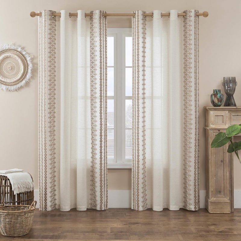 Boho Curtains for Living Room Bedroom Cream Sheer Curtains 84 Inches Long 2 Panels set Grommet Beige Embroidered Curtains Neutral Bohemian Window Curtains for Rustic Farmhouse Decor 52x84 Taupe