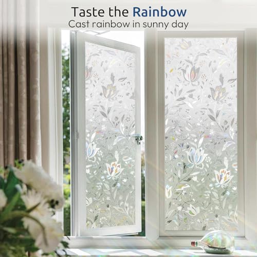 rabbitgoo Window Privacy Film, Decorative Stained Glass Window Film, Sun Blocking Glass Clings, Renter-Friendly Static Cling Frosted Sticker Covering for Home Door, Rainbow Tulip 23.6" x 78.7" - Image 5