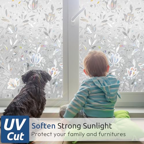 rabbitgoo Window Privacy Film, Decorative Stained Glass Window Film, Sun Blocking Glass Clings, Renter-Friendly Static Cling Frosted Sticker Covering for Home Door, Rainbow Tulip 23.6" x 78.7" - Image 2