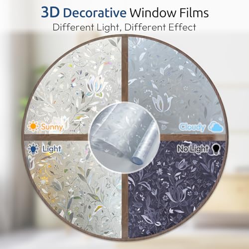rabbitgoo Window Privacy Film, Decorative Stained Glass Window Film, Sun Blocking Glass Clings, Renter-Friendly Static Cling Frosted Sticker Covering for Home Door, Rainbow Tulip 23.6" x 78.7" - Image 3