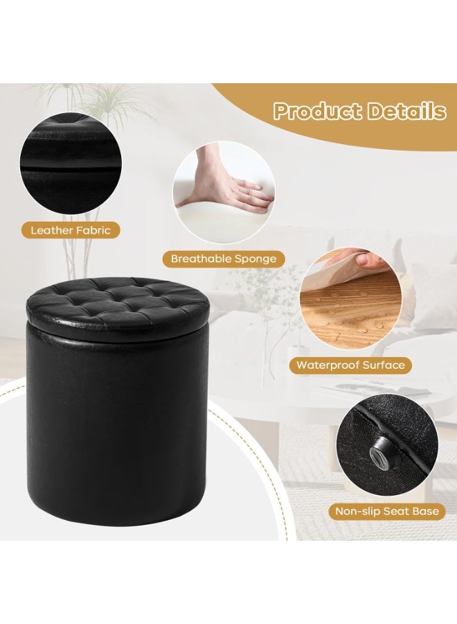 pouf , 12.6" W x 14.17" H & 14.76" W x 17.32" H Storage Ottoman Foot Stool for Couch, Nesting Round Vanity Stools Padded Ottomen, Set of 2 Footrest for Living Room , Black - Image 5