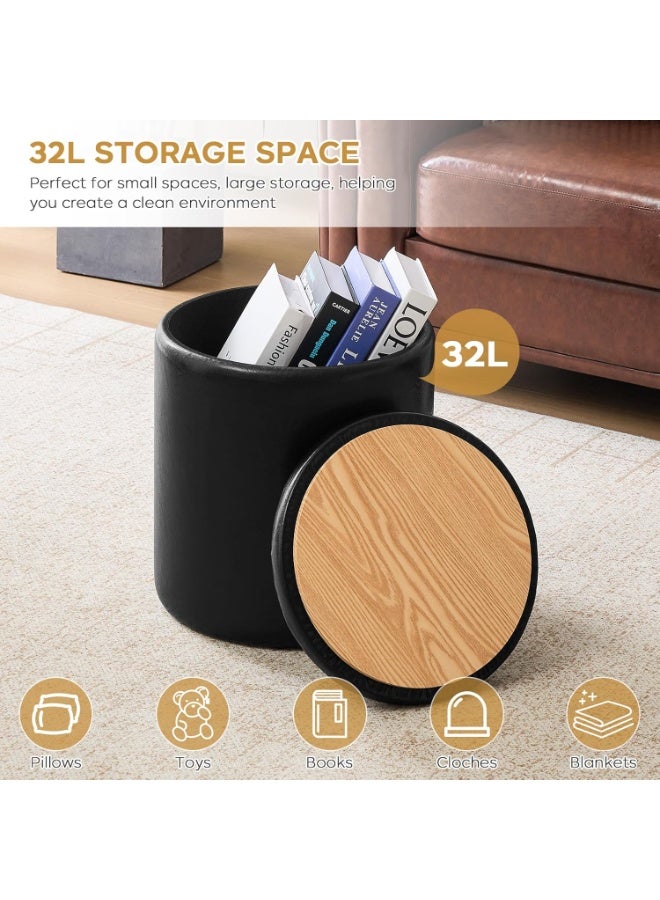 pouf , 12.6" W x 14.17" H & 14.76" W x 17.32" H Storage Ottoman Foot Stool for Couch, Nesting Round Vanity Stools Padded Ottomen, Set of 2 Footrest for Living Room , Black - Image 4
