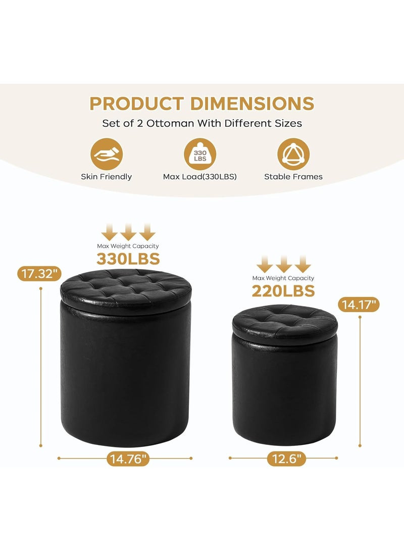 pouf , 12.6" W x 14.17" H & 14.76" W x 17.32" H Storage Ottoman Foot Stool for Couch, Nesting Round Vanity Stools Padded Ottomen, Set of 2 Footrest for Living Room , Black - Image 2