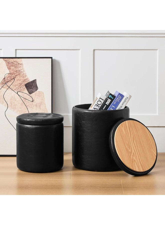 pouf , 12.6" W x 14.17" H & 14.76" W x 17.32" H Storage Ottoman Foot Stool for Couch, Nesting Round Vanity Stools Padded Ottomen, Set of 2 Footrest for Living Room , Black - Image 1