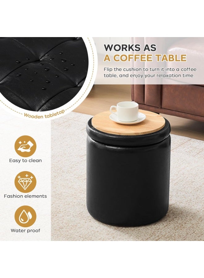 pouf , 12.6" W x 14.17" H & 14.76" W x 17.32" H Storage Ottoman Foot Stool for Couch, Nesting Round Vanity Stools Padded Ottomen, Set of 2 Footrest for Living Room , Black - Image 3