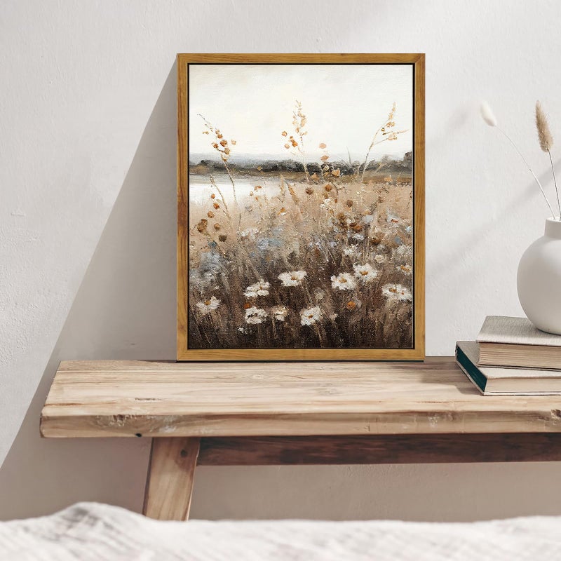 KBKBART Vintage Wall Art Framed, Retro Countryside Autumn Wildflower Field Landscape Canvas Painting Farmhouse Decor Wall Art, Rustic Fall Landscape Bathroom Wall Decor for Bedroom Living Room, - Image 4