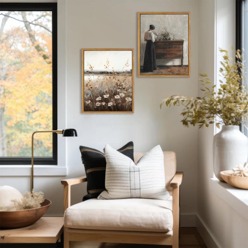 KBKBART Vintage Wall Art Framed, Retro Countryside Autumn Wildflower Field Landscape Canvas Painting Farmhouse Decor Wall Art, Rustic Fall Landscape Bathroom Wall Decor for Bedroom Living Room, - Image 5