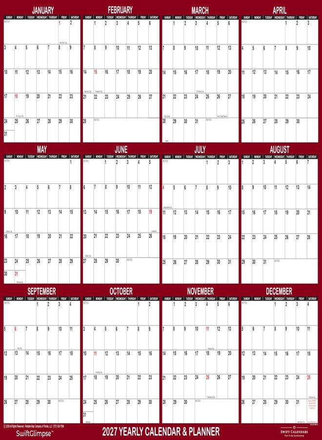 Swiftmaps 36" x 54" SwiftGlimpse 2027 Wall Calendar Erasable Large Wet & Dry Erase Laminated 12 Month Annual Yearly Wall Planner, Reversible, Horizontal/Vertical, Maroon - Image 1