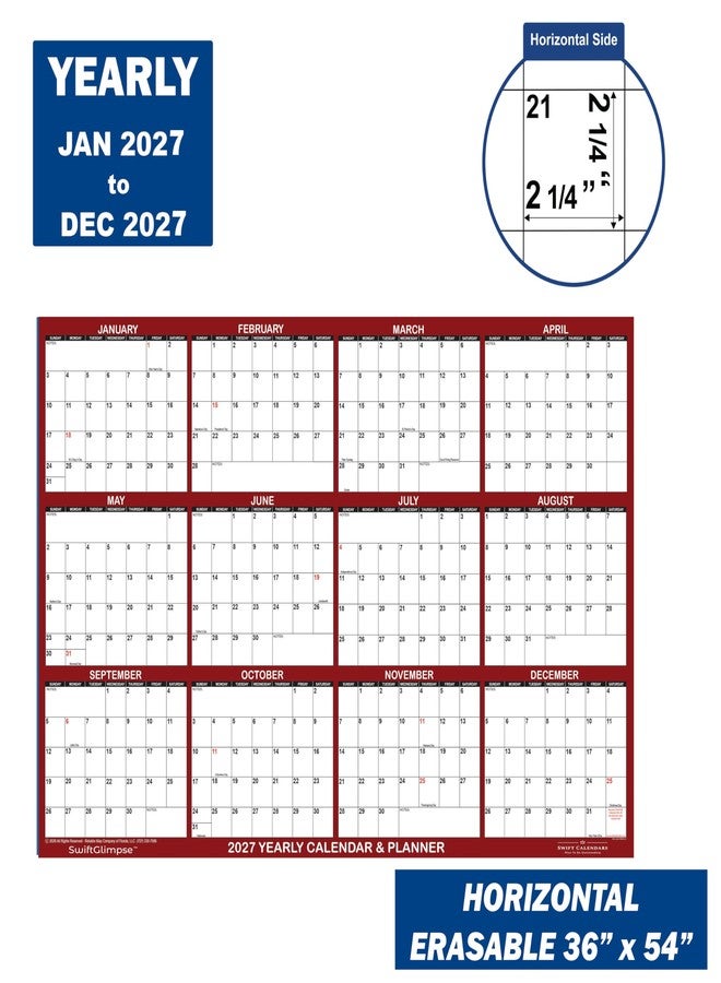 Swiftmaps 36" x 54" SwiftGlimpse 2027 Wall Calendar Erasable Large Wet & Dry Erase Laminated 12 Month Annual Yearly Wall Planner, Reversible, Horizontal/Vertical, Maroon - Image 2