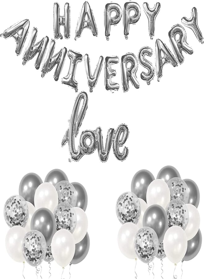 Secret Happy Anniversary Party Balloons Decorations Set, 16 Happy Anniversary Gold Foil Balloon Letters Banner, Large 40 Love Balloons, 30pcs 12 Balloons for Birthday Wedding Graduation Silver