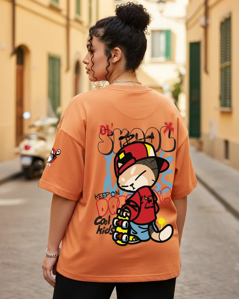 بيواكوف Women's Caramel Orange Skool Graphic Printed Oversized Plus Size T-shirt