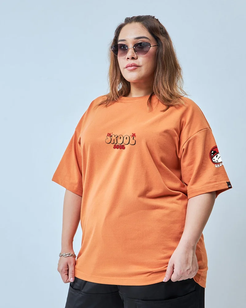 بيواكوف Women's Caramel Orange Skool Graphic Printed Oversized Plus Size T-shirt
