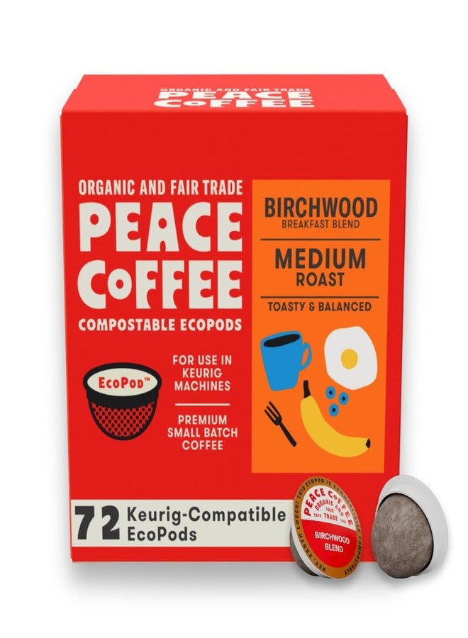Peace Coffee Birchwood Breakfast Blend Medium Roast Compostable Coffee Pods, 4.33 oz, 72 Count Single-Use Pods, Organic Fair Trade, Smooth, Mild Flavor, Shade Grown, Fresh Roasted - Image 1