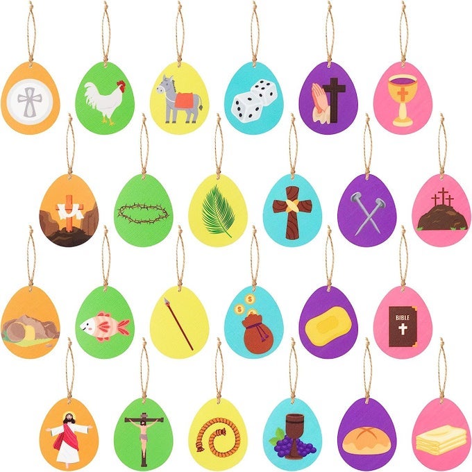 EASTER DECORATIVE HANGING ORNAMENTS 25PCS EASTER RESURRECTION EGGS SHAPES WOODEN ORNAMENTS DECORATIONS WOOD SLICES HANGING PENDANTS GIFTWRAP TAGS CHRISTIAN SUNDAY SCHOOL CHURCH GIFT WRAPPING