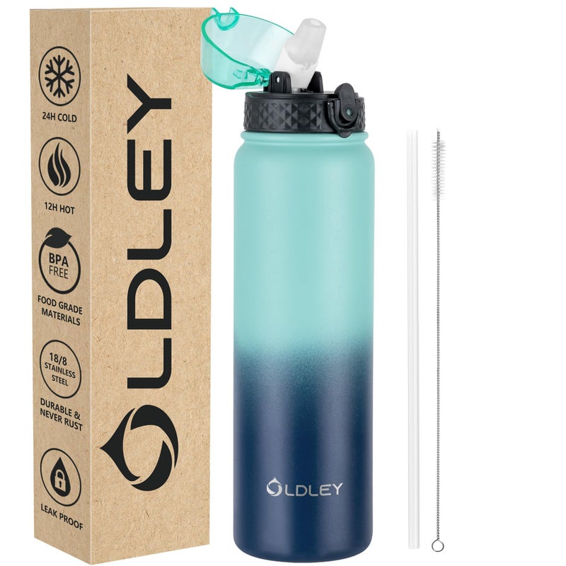 OLDLEY Stainless Steel Water Bottle with Straw 1L Vaccum Insulated Large Drink Flask Metal Water Bottles 1 Litre Leakproof Keep Drinks Hot Cold for Bike Sports Gym Adult Women MenGreen Blue 1 Lid