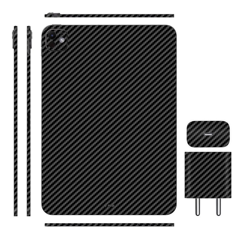 Tablet Skins Compatible with iPad Pro 11 M4 2024, Anti-Scratch Vinyl Decal Skin, Protective Film, Not Case/Cover (Carbon Fibre Black, Full Body Skin + Charger Skin)