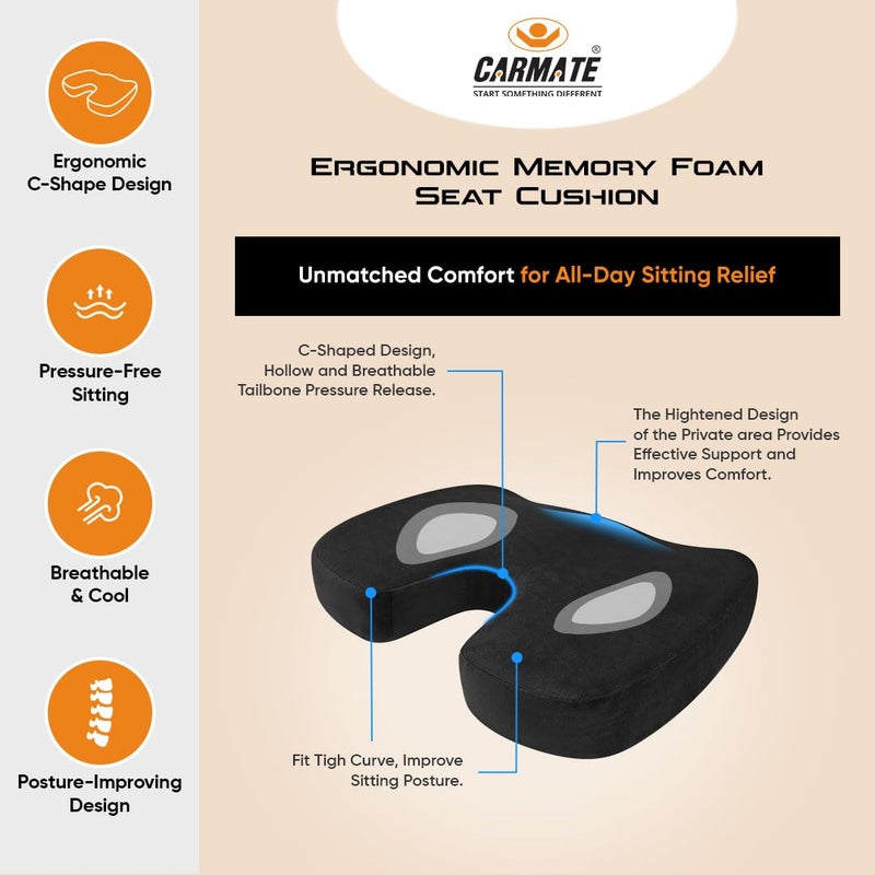 CARMATE Orthopedic Memory Foam Seat Cushion (C Shape) for Tailbone Pain Relief, Sciatica Pain Relief, Hip Support, Lower Back Support with Computer, Car, Office Ergonomic Chair (Black) - Image 4