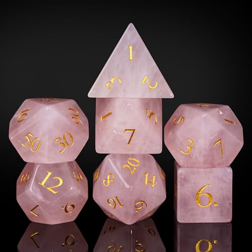 UDIXI Stone Dice Set DD 7PCS Gemstone DND Dice Polyhedral with Gift Case for Role Playing GamesRose Quartz - Image 1