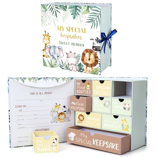 Beeveer Baby Keepsake Box Newborn Memory Organizer with 9 Labeled Compartments First Keepsake Book Gift Box for Pregnancy Mother"s Day Baby Shower New Maternity (Green,Jungle Animal) - Image 1