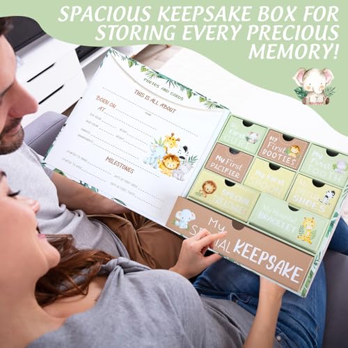 Beeveer Baby Keepsake Box Newborn Memory Organizer with 9 Labeled Compartments First Keepsake Book Gift Box for Pregnancy Mother"s Day Baby Shower New Maternity (Green,Jungle Animal) - Image 4