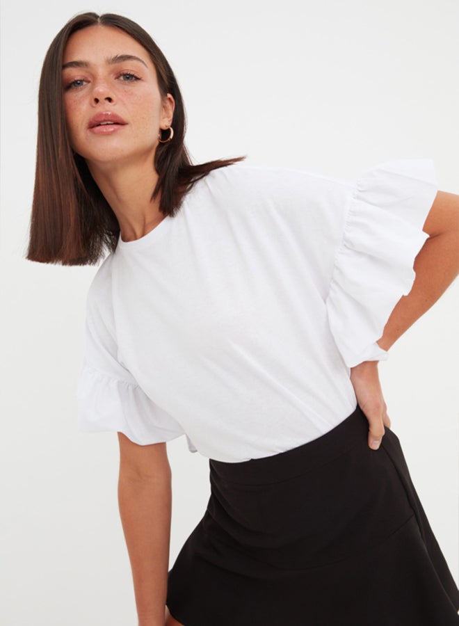 trendyol White 100% Cotton Ruffle Detailed Basic Crew Neck Knitted T-Shirt TWOSS22TS2429 - Image 3