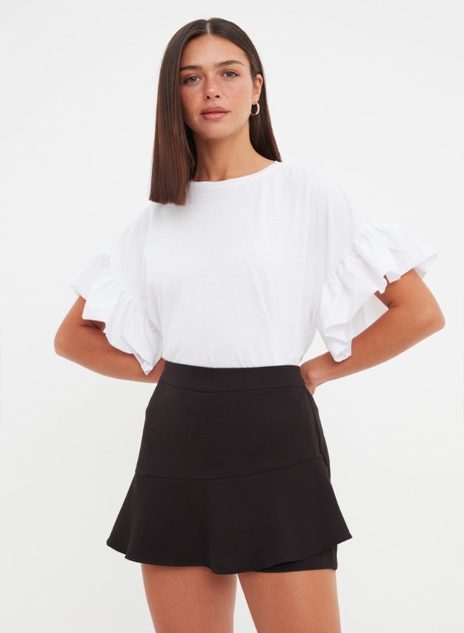 trendyol White 100% Cotton Ruffle Detailed Basic Crew Neck Knitted T-Shirt TWOSS22TS2429 - Image 1